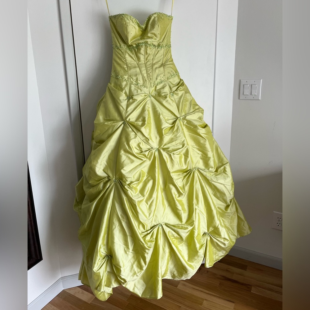 Green Beaded and Gathered Ballgown Prom Dress